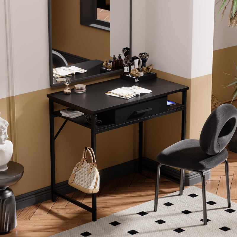 Pamray 32 Inch Small Computer Desk with Drawer and Shelves Simple Study Work Table for Bedroom Black - Image 2