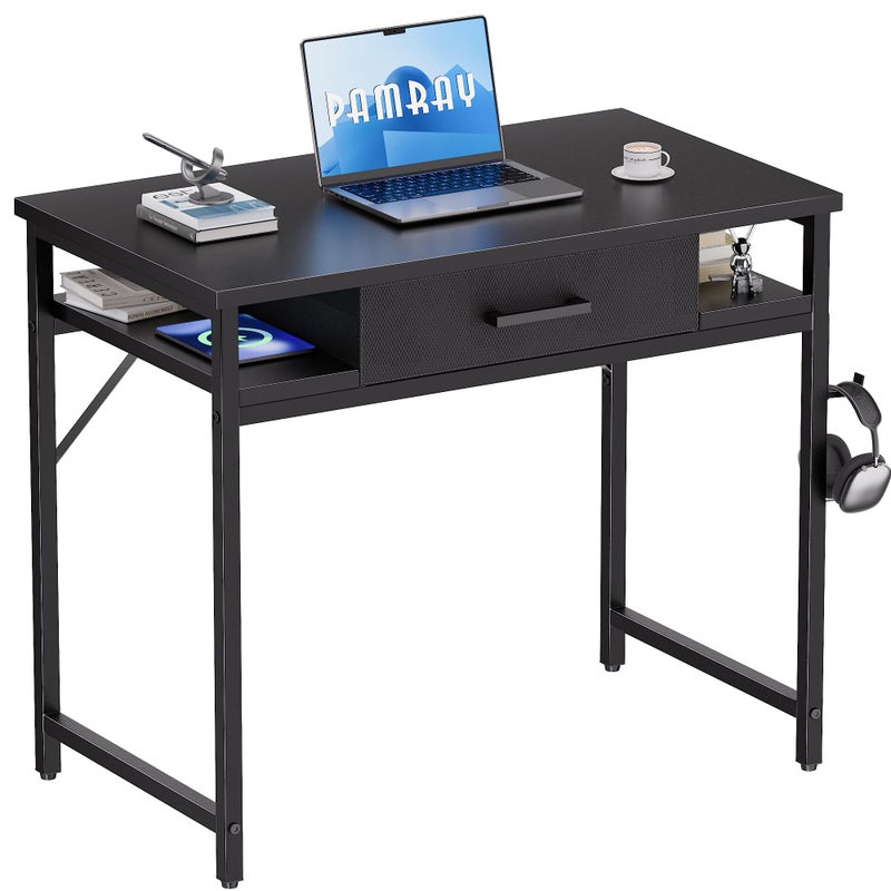 Pamray 32 Inch Small Computer Desk with Drawer and Shelves Simple Study Work Table for Bedroom Black - Image 1