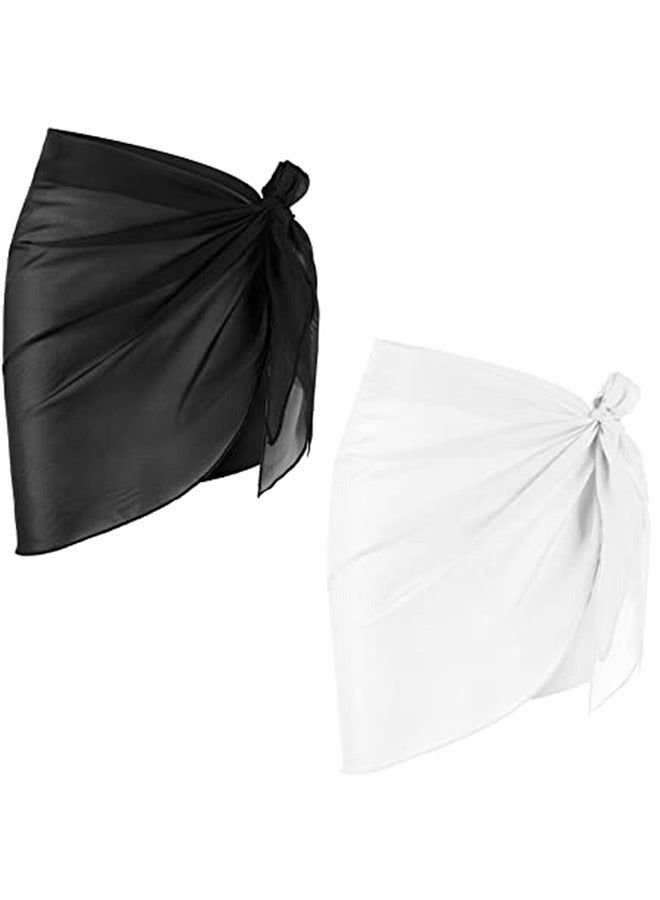 2pcs Women Beach Sarong Bathing Suit Wrap Skirt Sheer Bikini Swimsuit Cover Ups Short Skirt Chiffon Scarf for Swimwear Black&White