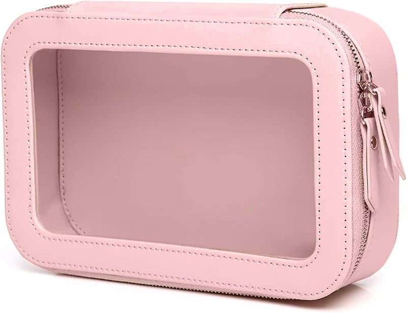 حقيبة مكياج شفافة ومقاومة للماء حقيبة تجميل محمولة لتنظيم مستلزمات السفر للنساء مع جيوب شفافة من الفينيل وسحابات (وردي)