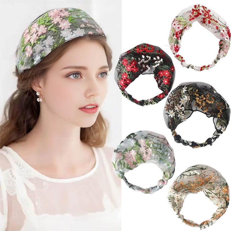 5 Pcs Wide Lace Headbands for Women - Embroidered Floral Elastic Hairbands - Image 1