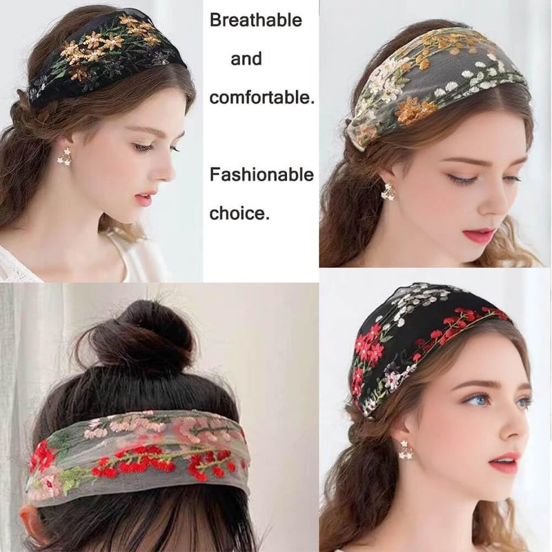 5 Pcs Wide Lace Headbands for Women - Embroidered Floral Elastic Hairbands - Image 3