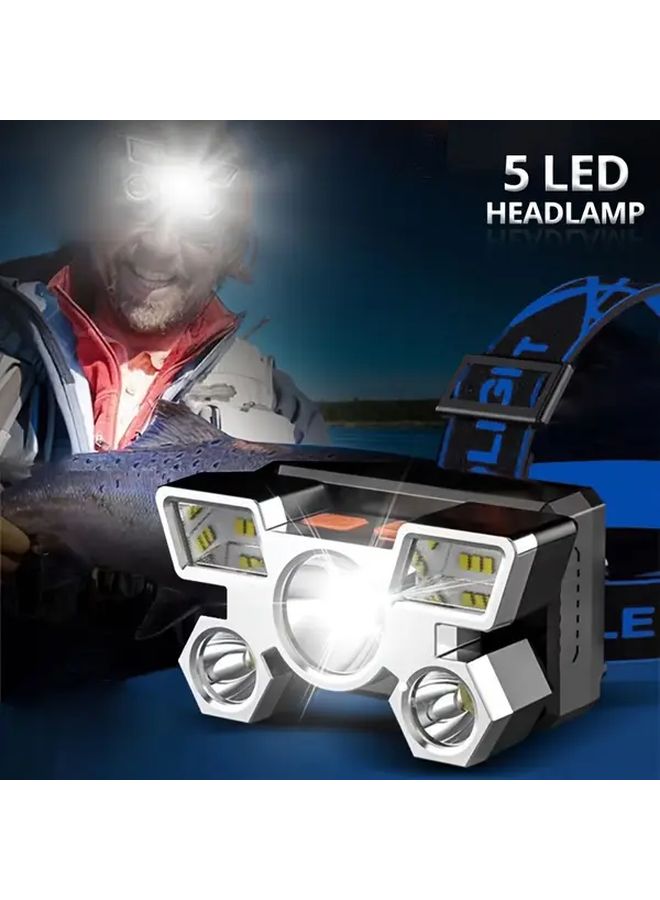 Black 5 LED Headlamp USB Rechargeable Super Bright Headlight For Camping Fishing - Image 3