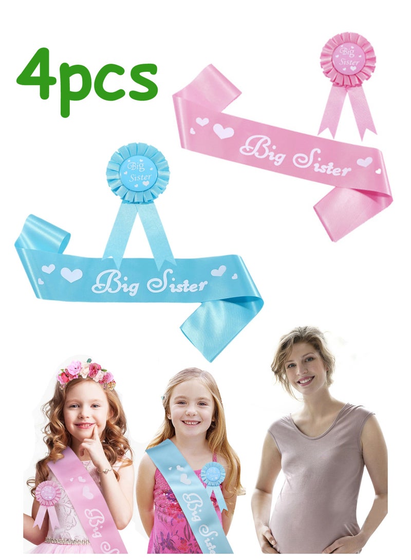 4Pieces Big Sister Accessory Set, Include Big Sister Satin Sash And Badge Pin for Baby Shower Baby Gender Reveal Big Sister to be Party (Pink+Blue) - Image 1