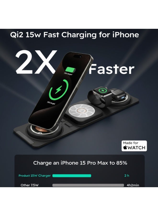 شاحن لاسلكي قابل للطي 3 في 1، شحن سريع 15 واط - محطة شحن من الجلد الصناعي لأجهزة iPhone وApple Watch وAirPods، قاعدة شحن محمولة للسفر، كابل من النوع C مرفق - Image 2