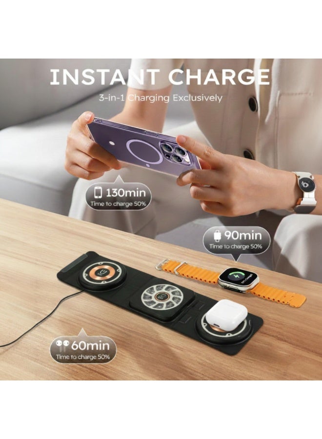 شاحن لاسلكي قابل للطي 3 في 1، شحن سريع 15 واط - محطة شحن من الجلد الصناعي لأجهزة iPhone وApple Watch وAirPods، قاعدة شحن محمولة للسفر، كابل من النوع C مرفق - Image 3