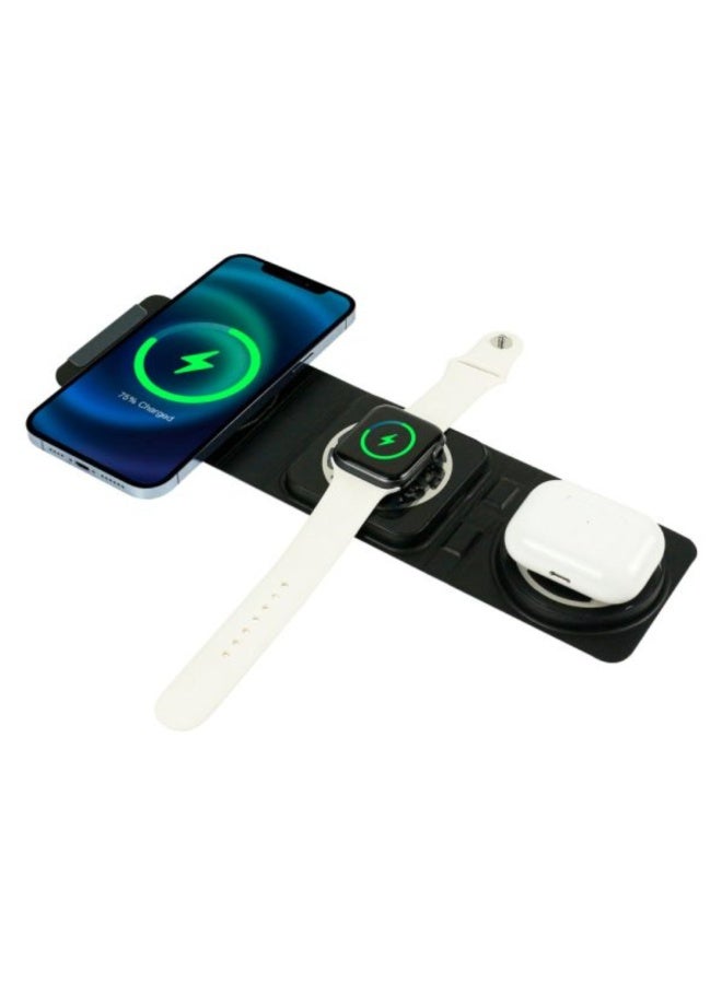 شاحن لاسلكي قابل للطي 3 في 1، شحن سريع 15 واط - محطة شحن من الجلد الصناعي لأجهزة iPhone وApple Watch وAirPods، قاعدة شحن محمولة للسفر، كابل من النوع C مرفق - Image 4
