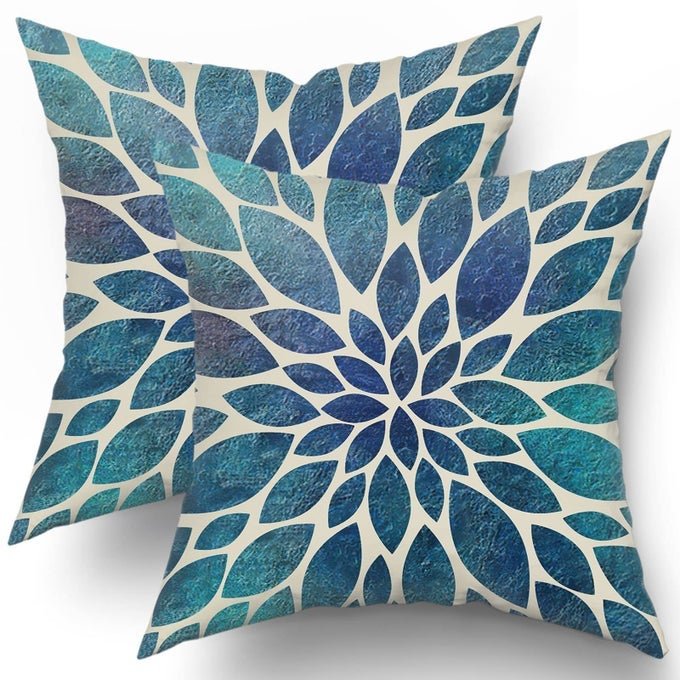 SPRING TEAL DAHLIA PILLOW COVERS 16X16 IN NAVY BLUE TEAL FLORAL COUCH PILLOW CASES MODERN ABSTRACT THROW PILLOWS SET OF 2 SUMMER HOME DECOR FOR LIVING ROOM BEDROOM BED CUSHION OUTDOOR