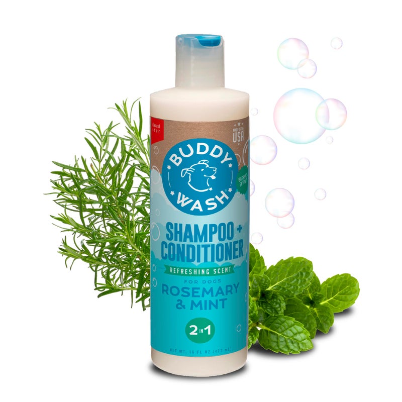 BUDDY BISCUITS Buddy Wash 2-in-1 Dog Shampoo and Conditioner for Dog Grooming, Rosemary & Mint, 16 oz. Bottle
