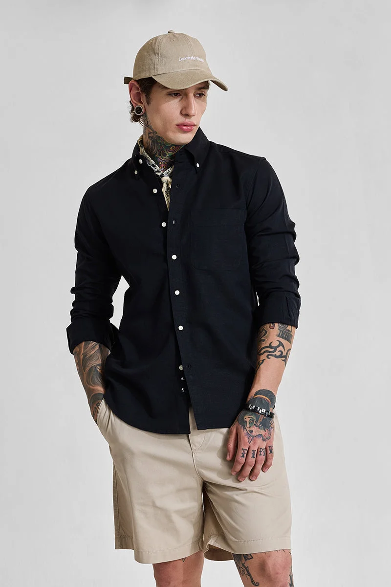 SNITCH Black Solid Long Sleeve Slim Fit Casual Shirt