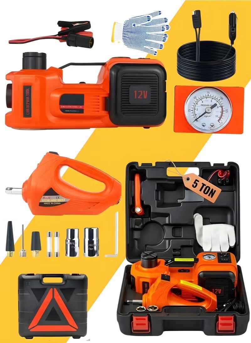 5-Ton 4-in-1 Electric Hydraulic Jack Kit with Electric Wrench, Air Pump, Warning Light & Emergency Sign – Suitable for All Vehicle Types - Image 1