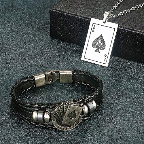 Aroncent 2 Pcs Stainless Steel Ace of Spades Necklace Braided Leather Cool Bracelet Poker Jewerly Set Cool Bracelets Cool Necklace for Men - Image 4
