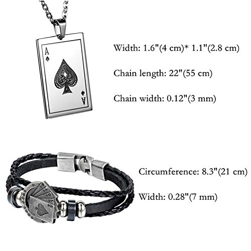 Aroncent 2 Pcs Stainless Steel Ace of Spades Necklace Braided Leather Cool Bracelet Poker Jewerly Set Cool Bracelets Cool Necklace for Men - Image 5