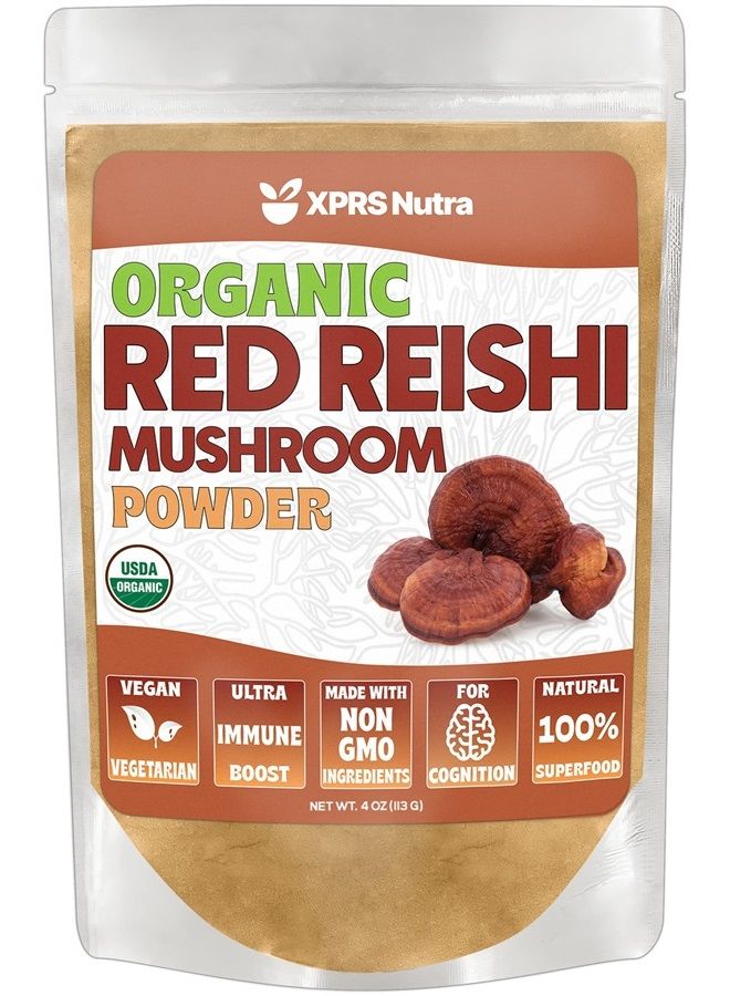 XPRS Nutra مسحوق فطر الريشي الأحمر العضوي - مسحوق ريشي متميز للذاكرة - فطر ريشي نباتي لطول العمر والطاقة (4 أونصة) - Image 1