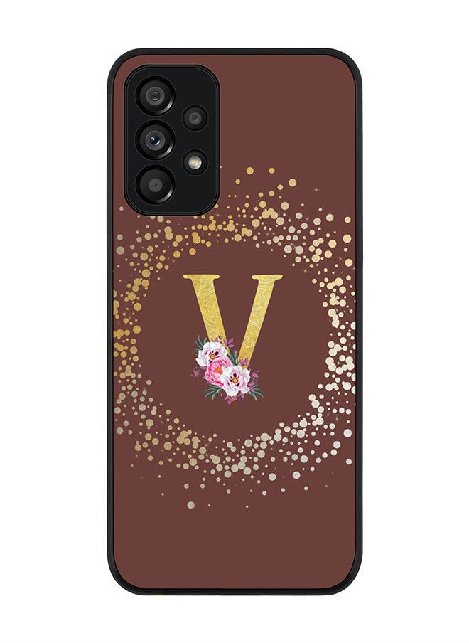 Stylizedd Rugged Black edge case for Samsung Galaxy A73 5G Slim fit Soft Case Flexible Rubber Edges Anti Drop TPU Gel Thin Cover - Custom Monogram Initial Letter Floral Pattern Alphabet - V (Brown )  - Image 1
