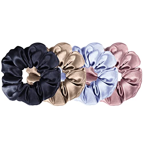 Fameza Silk Scrunchies for Hair, 100% Pure Mulberry Hair Ties No Crease for Women, Girls, Thick Curly Hair (4 Pack, Black, Dark Blue, Light Champagne, Pink, 3.5cm) - Image 1