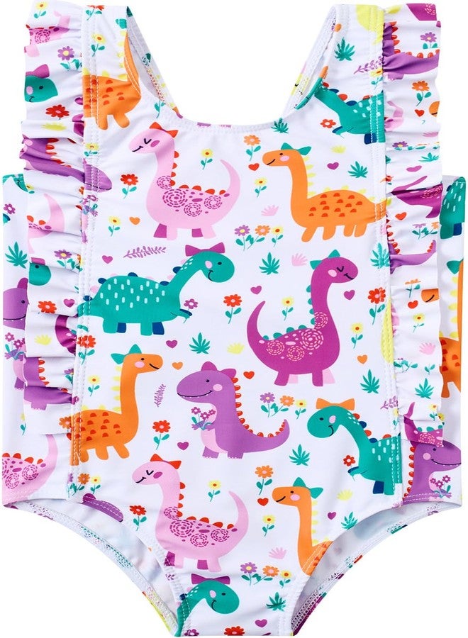 RAISEVERN Baby Girls Swimsuit Ruffles Dinosaur Bathing Suits Cute Cartoon Colorful Flowers Beach Sport White Summer One Piece Swimwear Backless Quick-Dry Swimming Bodysuit for 2t 3t Little Girl - Image 1