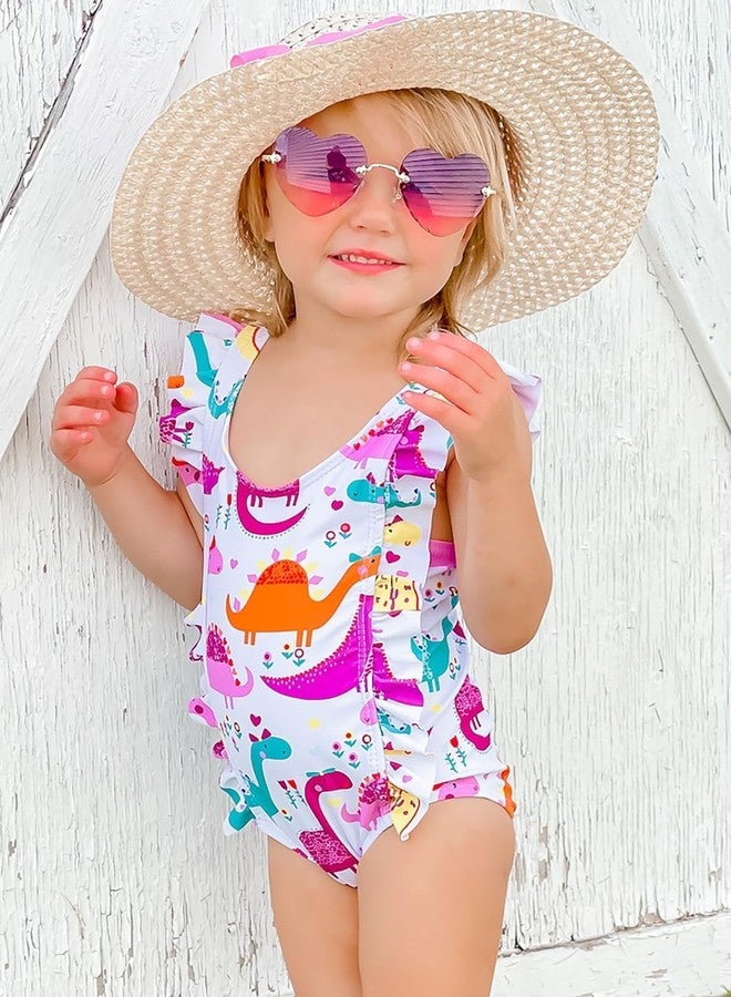 RAISEVERN Baby Girls Swimsuit Ruffles Dinosaur Bathing Suits Cute Cartoon Colorful Flowers Beach Sport White Summer One Piece Swimwear Backless Quick-Dry Swimming Bodysuit for 2t 3t Little Girl - Image 3