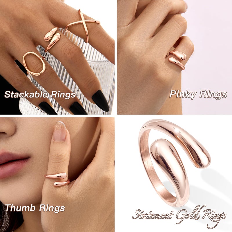 Poxtex Rose Gold Wedding Band Rings for Women Size 8, Adjustable Signet Stainless Steel Statement Rings, Rose Gold Jewelry - Image 4