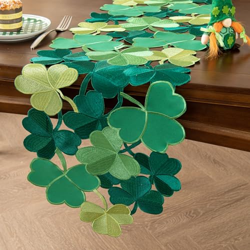 Joyfol Day St. Patrick’s Day Table Runner, Embroidered Irish Clover Dresser Scarf, Spring Green Shamrock Table Runners for Home Kitchen Dining Party Tabletop Decoration (14 x 33 Inch) - Image 1