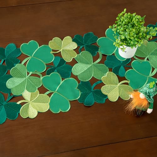 Joyfol Day St. Patrick’s Day Table Runner, Embroidered Irish Clover Dresser Scarf, Spring Green Shamrock Table Runners for Home Kitchen Dining Party Tabletop Decoration (14 x 33 Inch) - Image 4