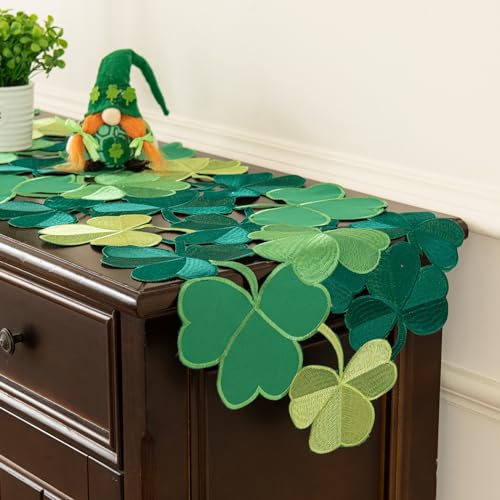 Joyfol Day St. Patrick’s Day Table Runner, Embroidered Irish Clover Dresser Scarf, Spring Green Shamrock Table Runners for Home Kitchen Dining Party Tabletop Decoration (14 x 33 Inch) - Image 3