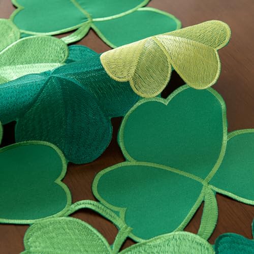 Joyfol Day St. Patrick’s Day Table Runner, Embroidered Irish Clover Dresser Scarf, Spring Green Shamrock Table Runners for Home Kitchen Dining Party Tabletop Decoration (14 x 33 Inch) - Image 5