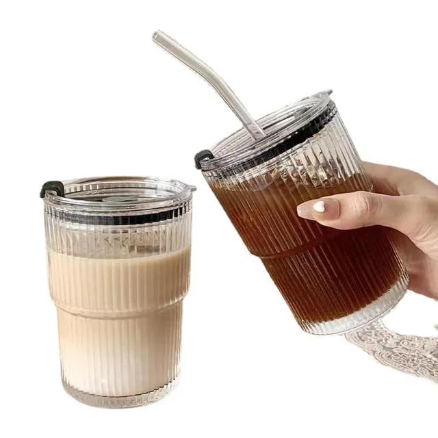 Set of 3 Random Color Ice Juice Glass Can Mugs with Straw & Lid – Transparent Sipper Tumblers for Milk, Coffee, Green Tea & More.  - Image 1