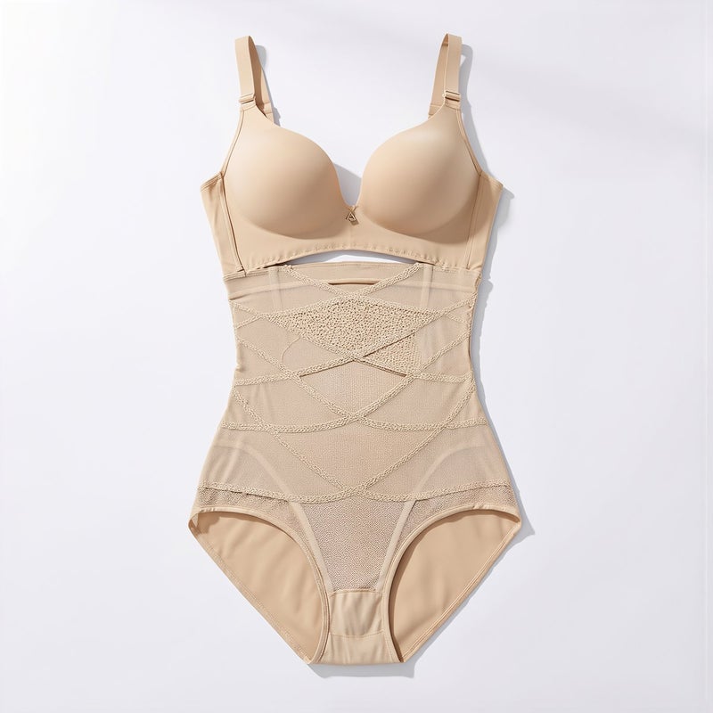 Breathable Mesh Tummy Control Panty High Waist Shapewear for Women Beige M - Image 3