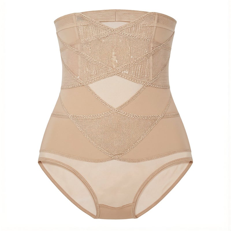 Breathable Mesh Tummy Control Panty High Waist Shapewear for Women Beige M - Image 5