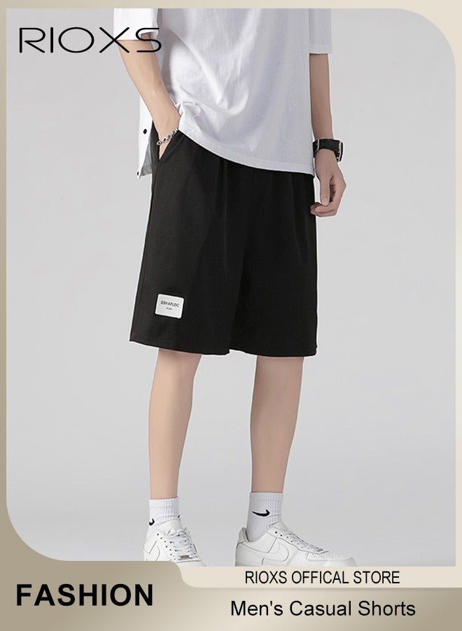 RIOXS Men's Casual Shorts,Cool Ice Silk Drawstring Shorts For Men Teens,Loose Leg Knee-high Shorts,Stretch Summer Beach Shorts For Sports Running Basketball Or Daily Wear  - Image 1