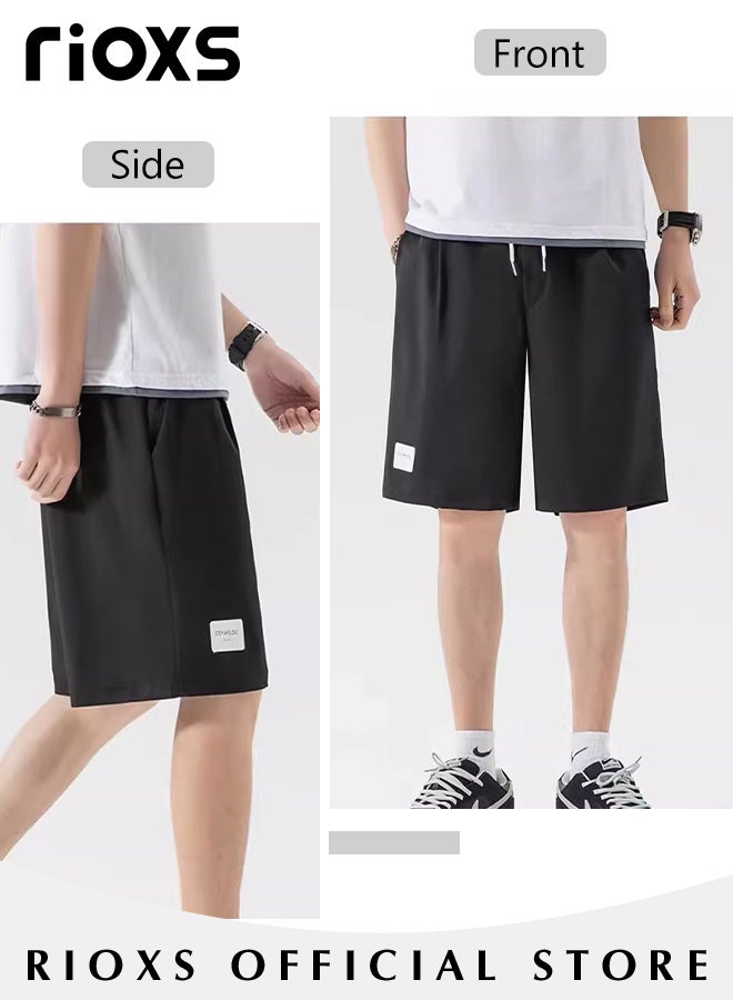 RIOXS Men's Casual Shorts,Cool Ice Silk Drawstring Shorts For Men Teens,Loose Leg Knee-high Shorts,Stretch Summer Beach Shorts For Sports Running Basketball Or Daily Wear  - Image 3