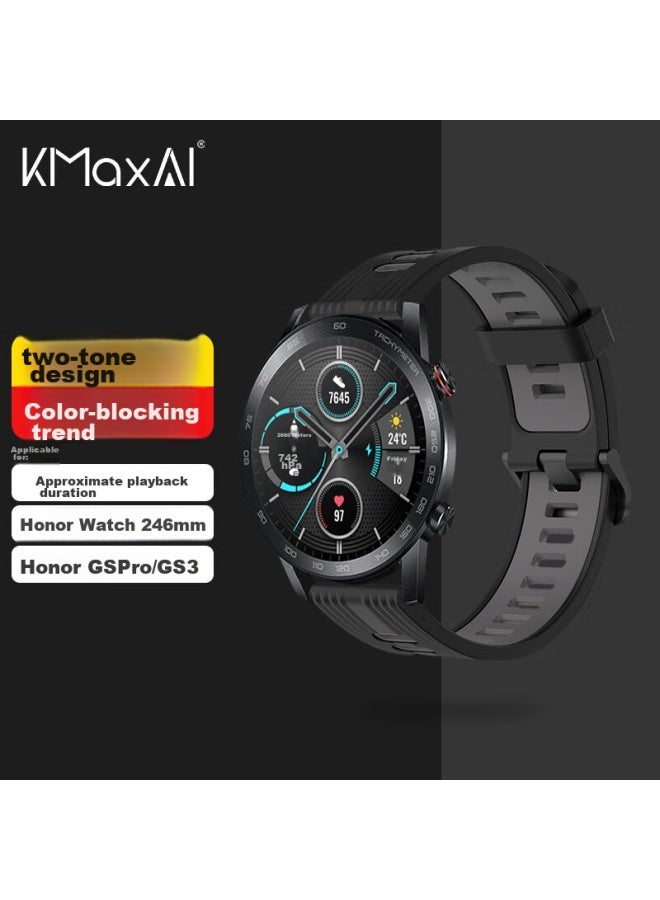 KMaxAI حزام ساعة متوافق مع Honor Watch Gs/4 Pro/Gs3I/Dream/2 من السيليكون، حزام ساعة ذكية 46 مم، حزام ساعة رياضية ذكية من دوبامين، حزام معصم بديل بألوان متباينة، أسود ورمادي - Image 1