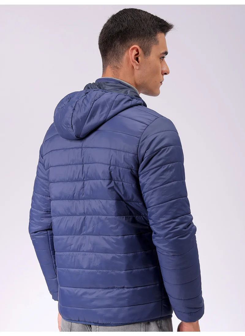 The Indian Garage Co Mens Denim Blue Slim Fit Quilted Hooded Zipper Placket Without Pocket Winter Jacket