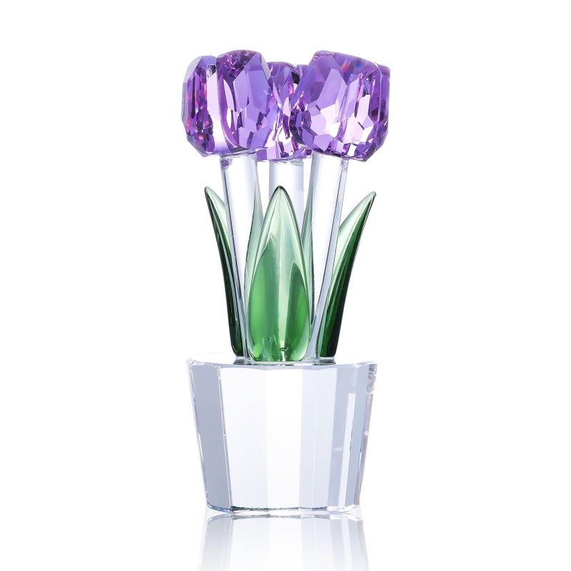 Movdyka Tulips Glass Flowers Figurines Crystal Decor Collectibles Crystal Purple Flowers Bouquet Ornaments Mothers Day Tulip Gifts for Women on Anniversary Wedding Christmas Valentines