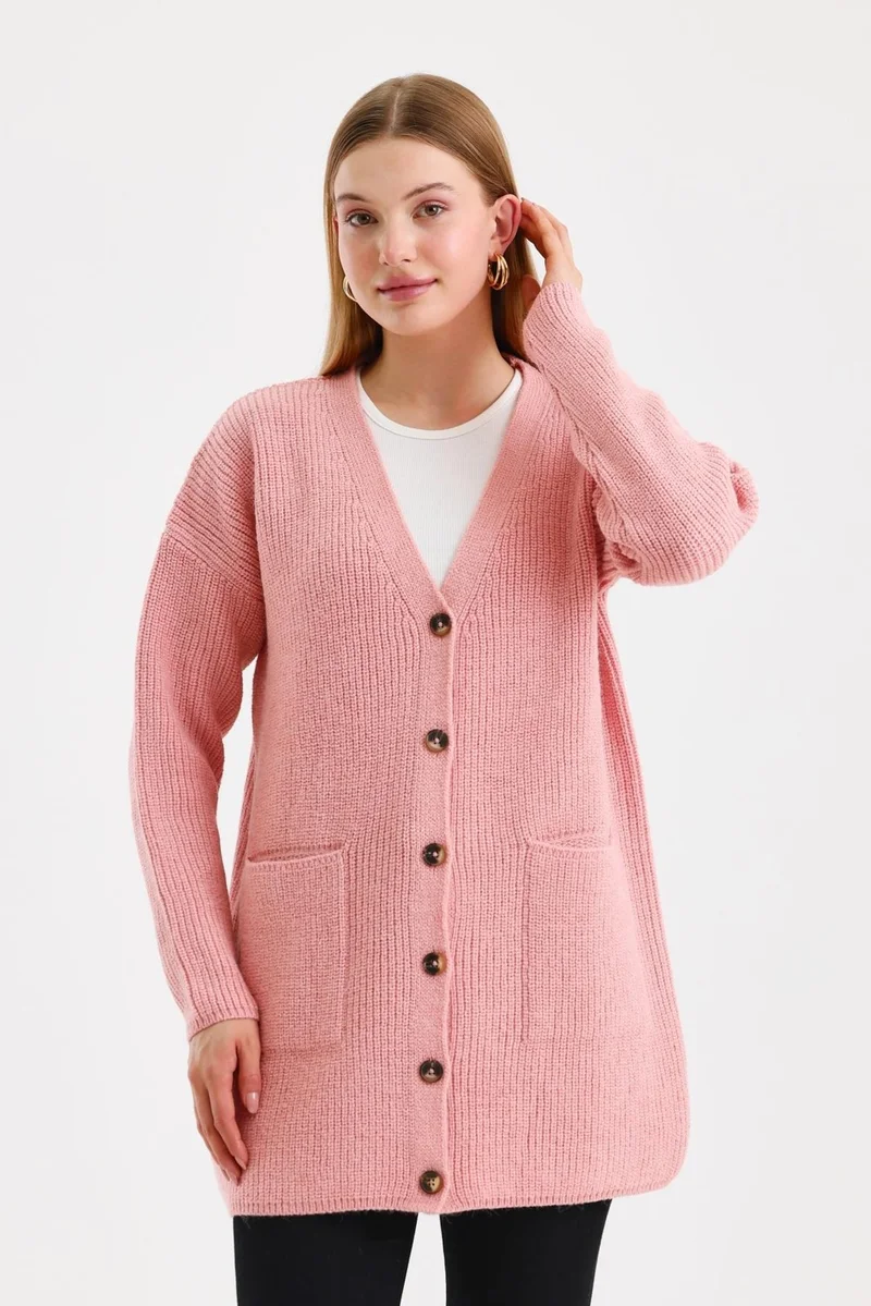 Odelon Women's Buttoned Oversize Pocket Long Pink Knitted Cardigan