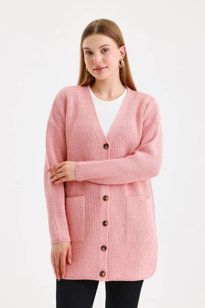 Odelon Women's Buttoned Oversize Pocket Long Pink Knitted Cardigan