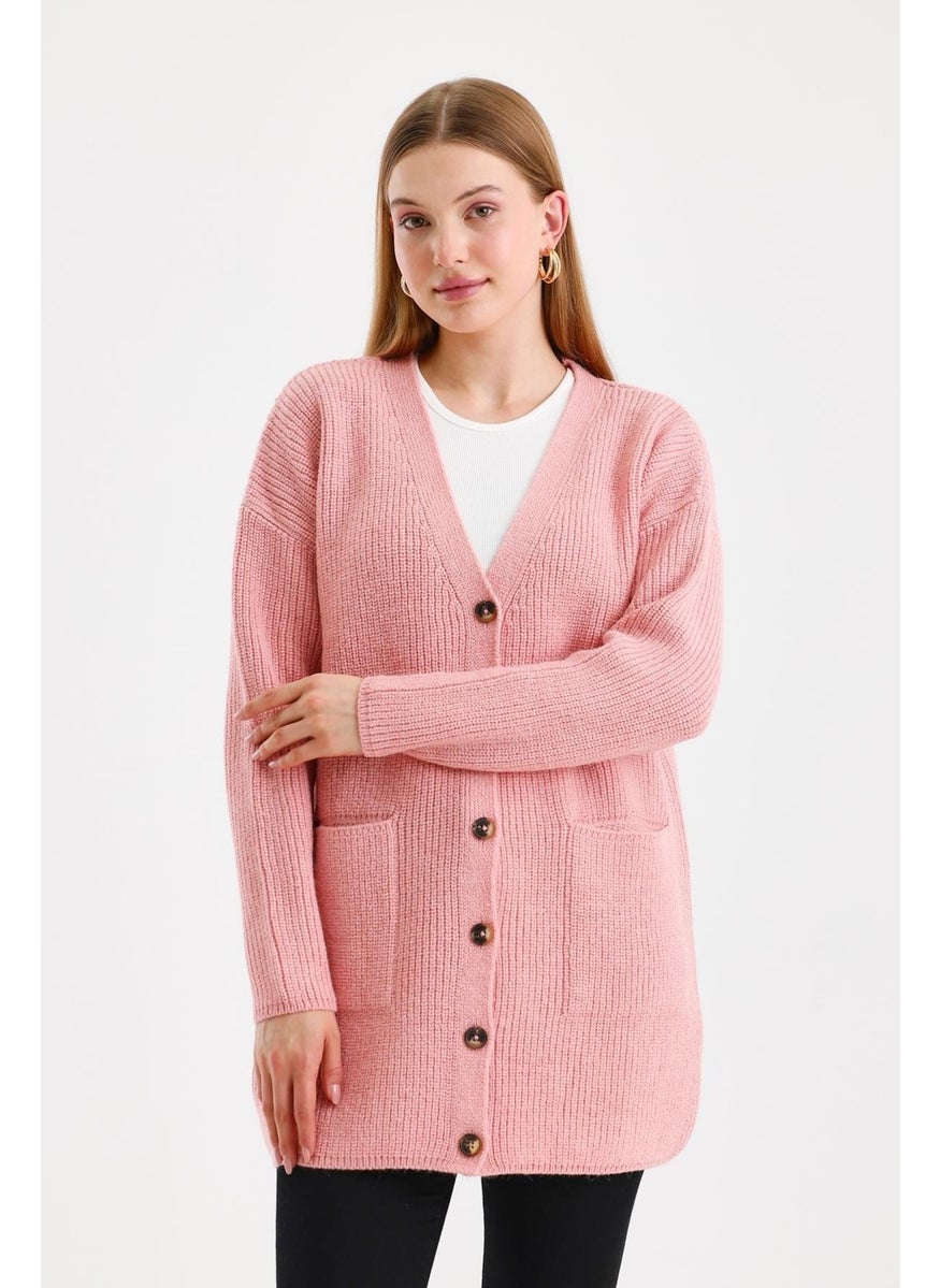 Odelon Women's Buttoned Oversize Pocket Long Pink Knitted Cardigan  - Image 3