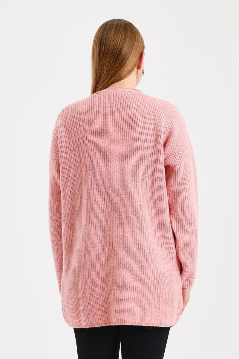 Odelon Women's Buttoned Oversize Pocket Long Pink Knitted Cardigan