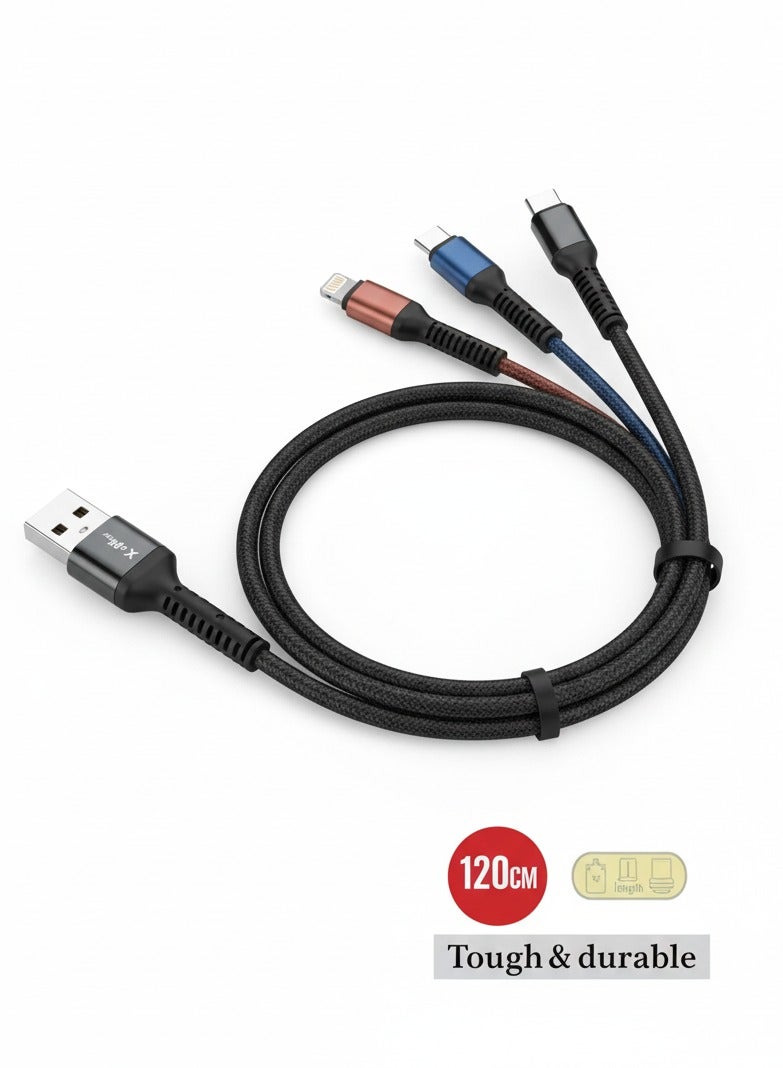 X-Plus Tough And Durable 3 in 1 Ultra Fast Charging 120 Cm Cable For Micro + Lightning + Type-C