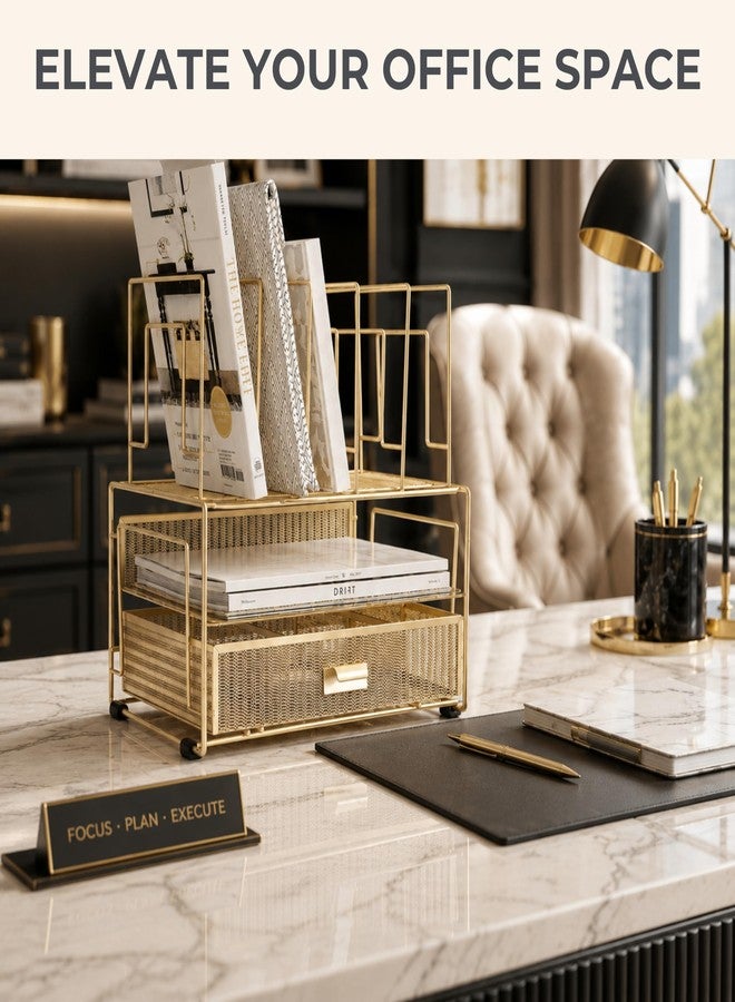 بلو موناكو | منظم مكتب ذهبي مع درج | حامل ملفات شبكي معدني ومنظم ملفات عمودي | تخزين مكتبي للوازم المكتبية والأوراق والمجلدات | 9.3 بوصة عمق × 13 بوصة عرض × 14 بوصة ارتفاع - Image 2