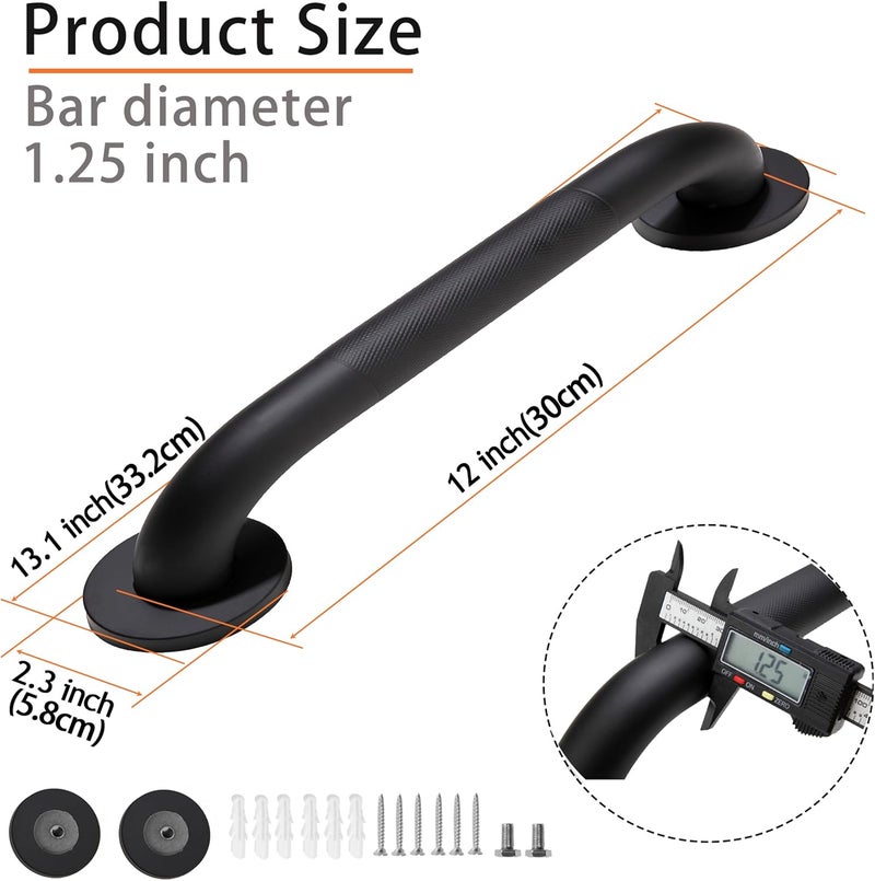 Rackickyer Shower Grab Bar, 2 Pack 12 Inch Black Bathroom Grab Bar, 1.25" Diameter 304 Stainless Steel Anti-Slip Grab Bars for Bathtubs and Showers, Handicap Shower Grab Bar for Seniors Elderly - Image 2