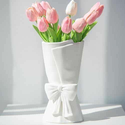 Relexome White Ceramic Bow Vase Unique Cute Decorative Bouquet Flower Vases 9.64 in - Image 3