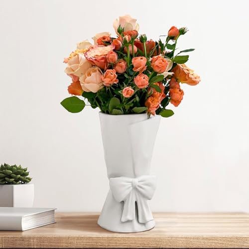 Relexome White Ceramic Bow Vase Unique Cute Decorative Bouquet Flower Vases 9.64 in - Image 1