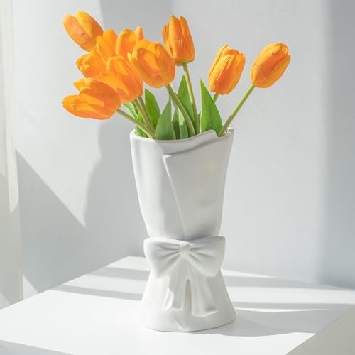 Relexome White Ceramic Bow Vase Unique Cute Decorative Bouquet Flower Vases 9.64 in - Image 4