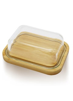 Generic Clear Butter Dish with Thick Bamboo Plate, Rectangular Butter Tray with Lid for Countertop and Refrigerator Freshness  - Image 1