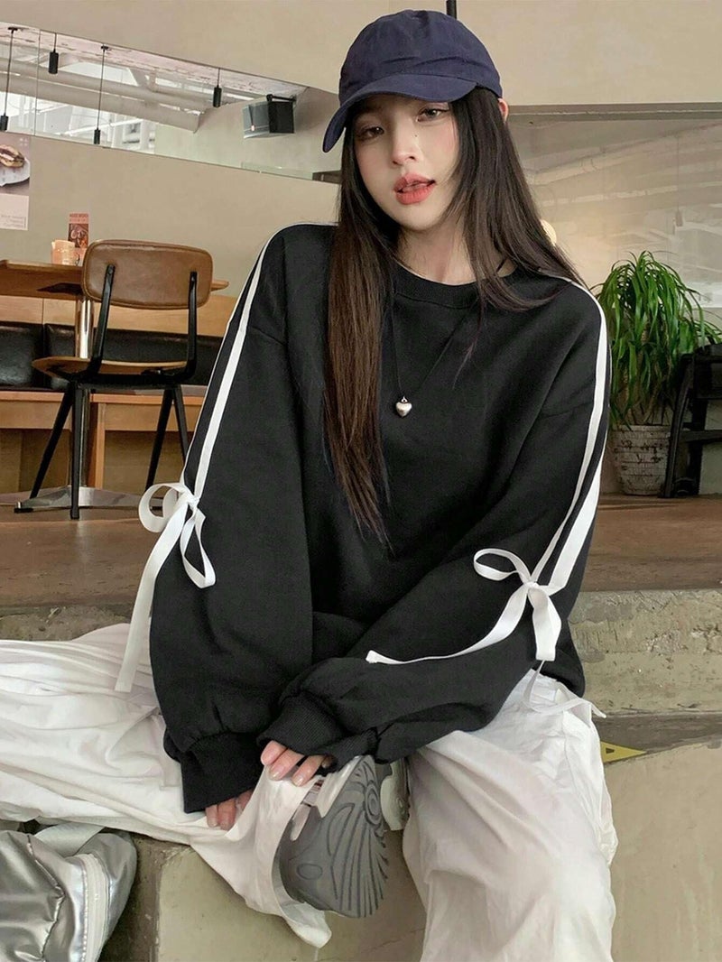 SXV STYLE Women's Black Sweatshirt with White Ribbon Sleeve Detail, Oversized Casual Pullover (in, Alpha, XL, Black) - Image 3