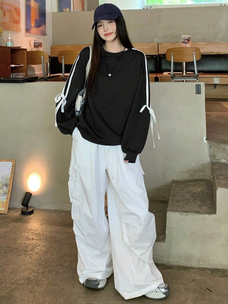 SXV STYLE Women's Black Sweatshirt with White Ribbon Sleeve Detail, Oversized Casual Pullover (in, Alpha, XL, Black) - Image 2