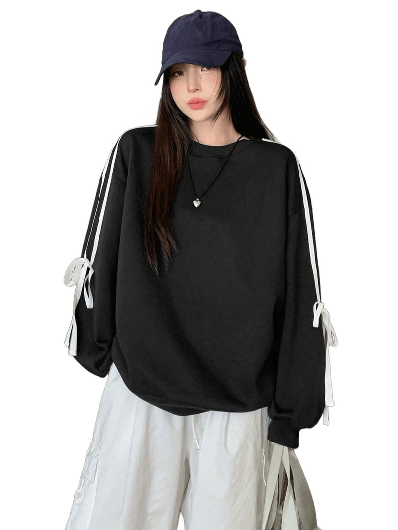 SXV STYLE Women's Black Sweatshirt with White Ribbon Sleeve Detail, Oversized Casual Pullover (in, Alpha, XL, Black) - Image 1