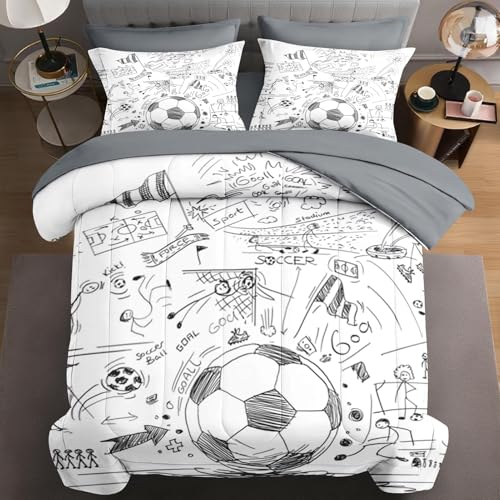 WeCozy 5 Pcs Twin Size Comforter Set with Pillowcase & Sham, Game Soccer Painting Bedding for Kids and Adults, Football Ball Cup Sport Bed in a Bag with Flat Fitted Sheet - Image 1